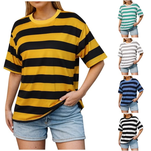NSLGXD Women's T Shirts Summer Crew Neck Short Sleeve Blouses Cute Striped Graphic Tees Rugby Shirt Lightweight Vacation T Shirts S-3XL Yellow Tshirt