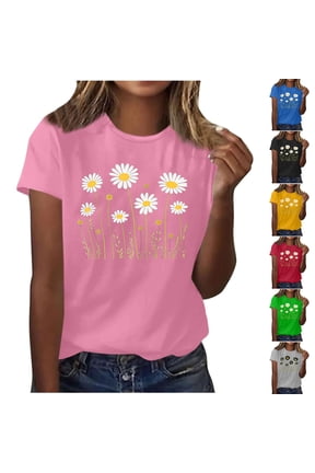 Women's T-Shirts Summer Short Sleeve Crew Neck Shirts Fashion Cute Sunflower Print Tees Ladies T Shirts
