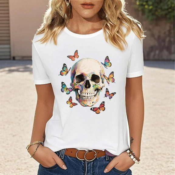 NSLGXD Women's T-Shirts Summer Short Sleeve Crew Neck Shirts Funny Graphic Tees Beach Casual Basic Tunic Tops Fashion Ladies Tee Shirts White S