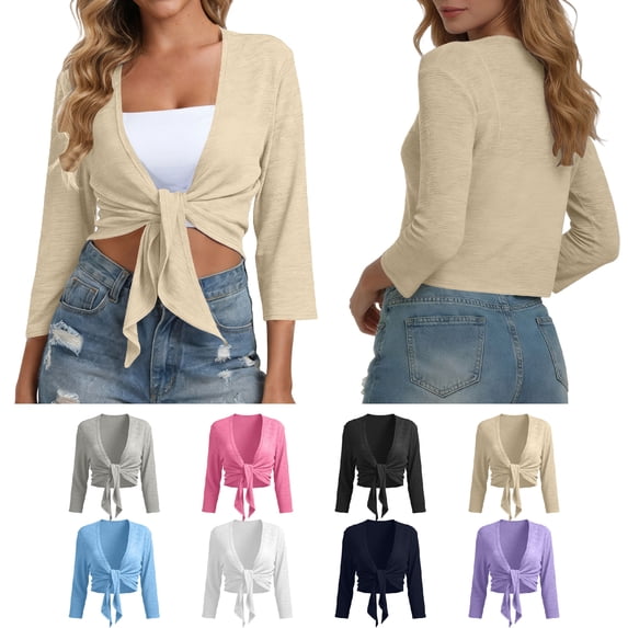 NSLGXD Women's Tie-Front Cropped Cardigans 3/4 Sleeve Lightweight Sheer Tops Sun Protection Summer Beach Cover Ups for Vacation & Daily Wear S-2XL Beige Cardigans