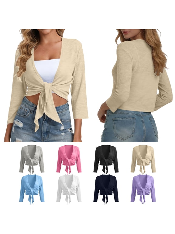 Women's Tie-Front Cropped Cardigans 3/4 Sleeve Lightweight Sheer Tops Sun Protection Summer Beach Cover Ups for Vacation & Daily Wear S-2XL Beige Cardigans