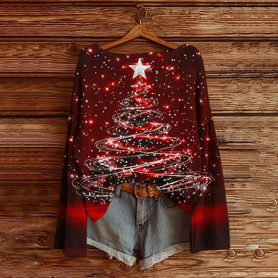 NSLGXD Women's Ugly Christmas Sweaters Loose Crewneck Long Sleeve Sweatshirt Pullover Glitter Xmas Print Knitted Sweater Fashion Red Holiday Tops