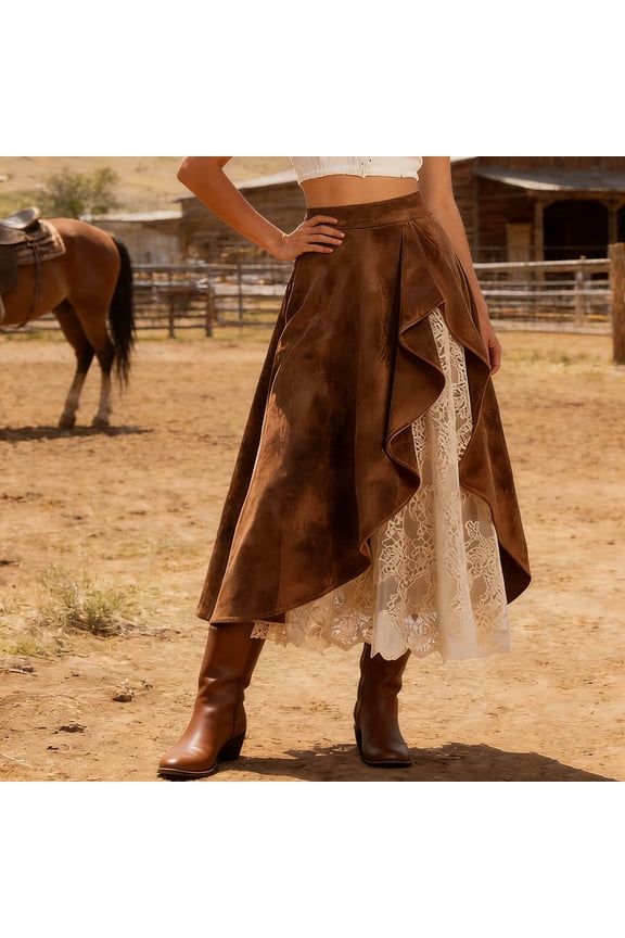 Women's Victorian Suede Midi Skirts High Waisted Asymmetrical Ruffle Hem Western Skirt with Lace Trim Boho Flowy Long Skirt for Summer S-2XL