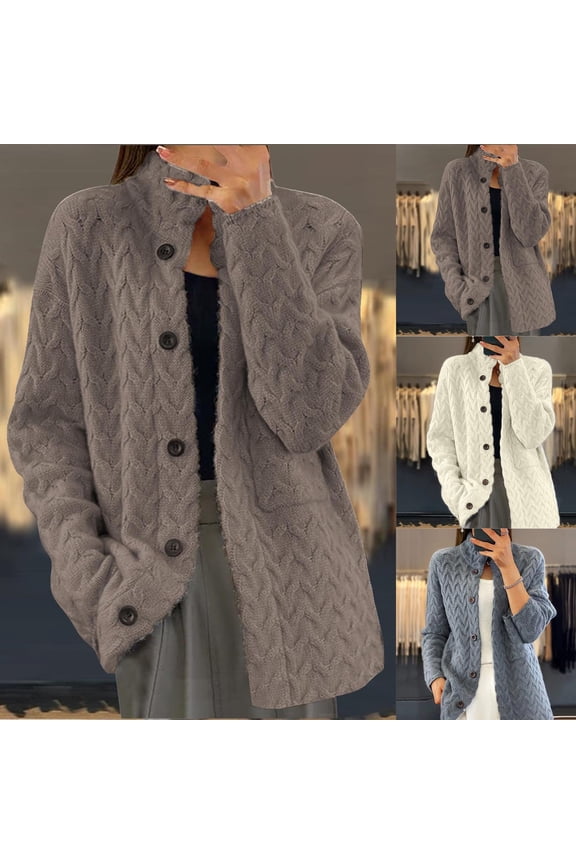 Women's Winter Cable Knit Cardigans Vintage Button Down Sweater Jackets Stand Collared Outerwear Coats