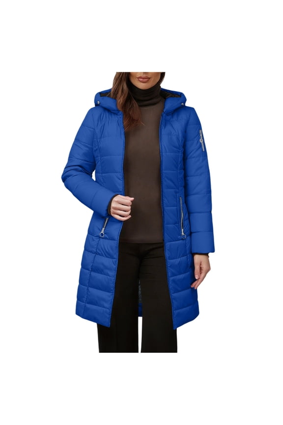 Women's Winter Coats Long Puffer Jacket with Hood Trendy Thicken Hooded Outerwear Bubble Coat with Fleece Trim Blue XXXL