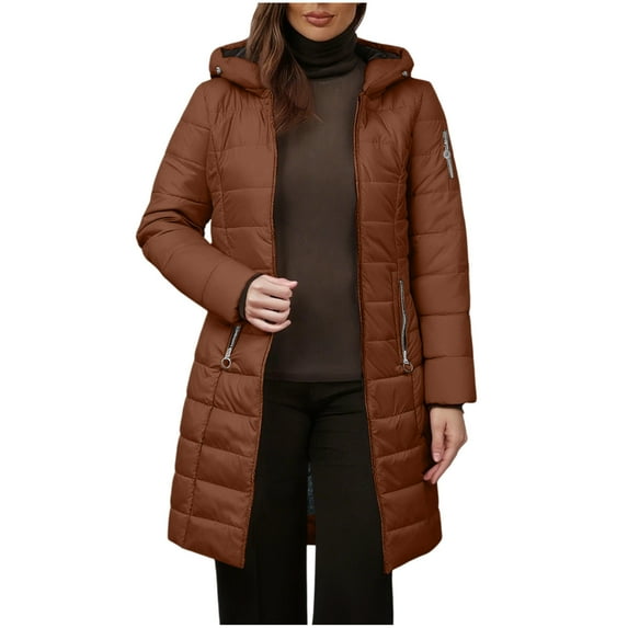 NSLGXD Women's Winter Coats Long Puffer Jacket with Hood Trendy Thicken Hooded Outerwear Bubble Coat with Fleece Trim Brown XXXL