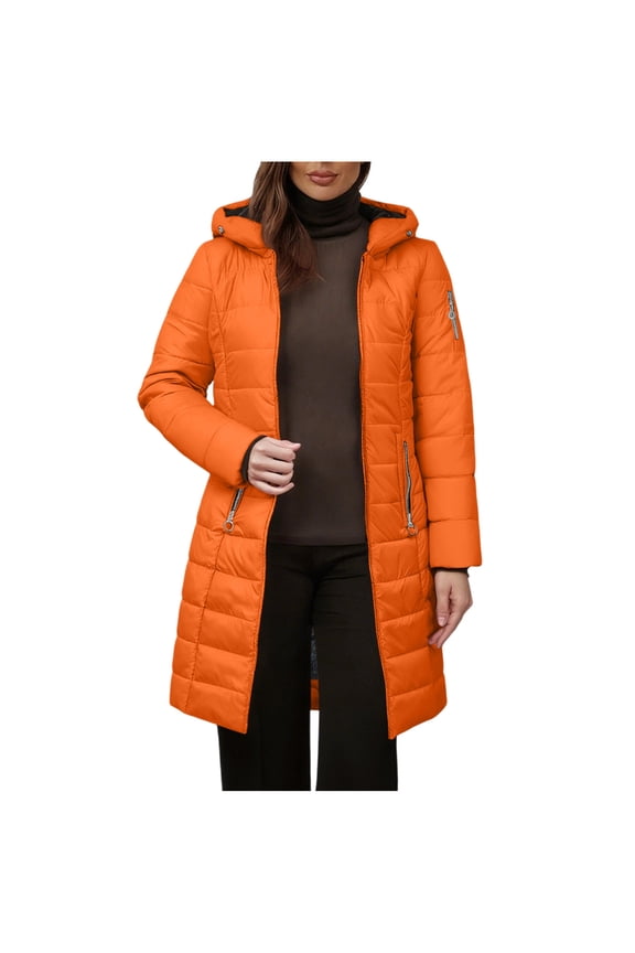 Women's Winter Coats Long Puffer Jacket with Hood Trendy Thicken Hooded Outerwear Bubble Coat with Fleece Trim Orange M