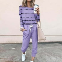 NSLGXD Womens 2 Piece Sets Plus Size Stripe Long Sleeve Round Neck Pullover Tops Solid Drawstring Sweatpants with Pockets Pants Suits Tracksuit Outfits