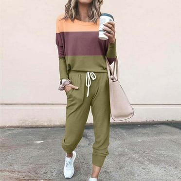 NSLGXD Womens 2 Piece Tracksuit Outfits 2024 Loose Plus Size Two-Piece Sets Long Sleeve Round Neck Color Block Patchwork Tops and Drawstring Pants Sweatsuits