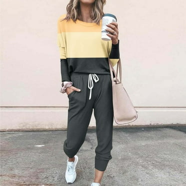 NSLGXD Womens 2 Piece Tracksuit Outfits 2024 Loose Plus Size Two-Piece Sets Long Sleeve Round Neck Color Block Patchwork Tops and Drawstring Pants Sweatsuits