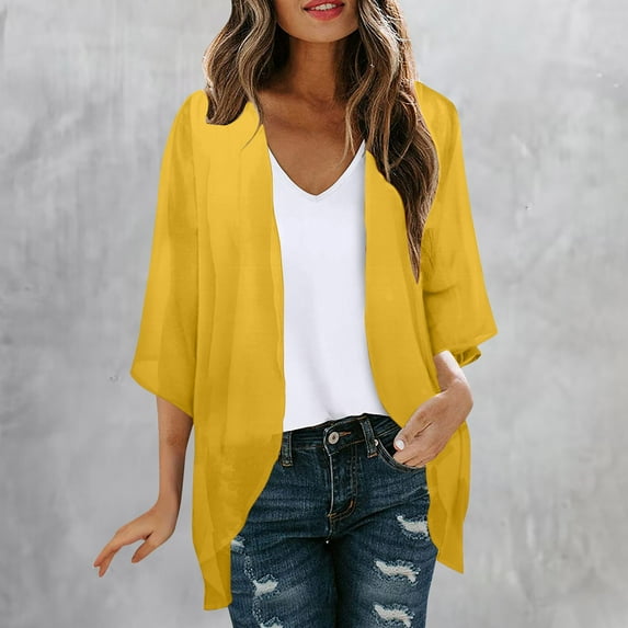 NSLGXD Womens 3/4 Sleeve Cardigans Top Trendy Solid Cardigan Tops Casual 3/4 Length Sleeve Boho Beach Swimwear Cover Up Tops Comfy Lightweight Sheer Capes 2025