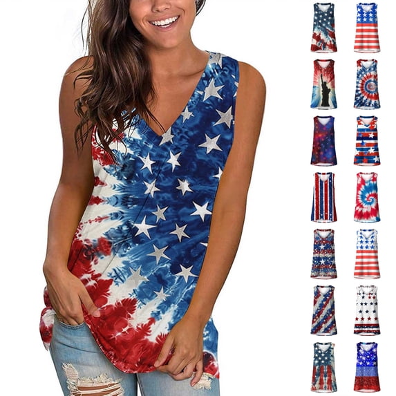 NSLGXD Womens 4th of July Tank Tops Summer Patriotic American Flag Print Tees Cute Sleeveless T Shirts Cami Classic V Neck Tanks S-2XL