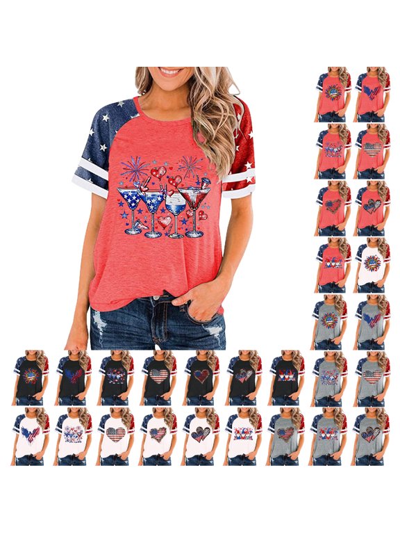 Womens 4th of July Tops Plus Size Patriotic USA Flag Pattern Tees Elegant Raglan Short Sleeve T Shirts Crew Neck Stylish Blouses Shirts S-3XL