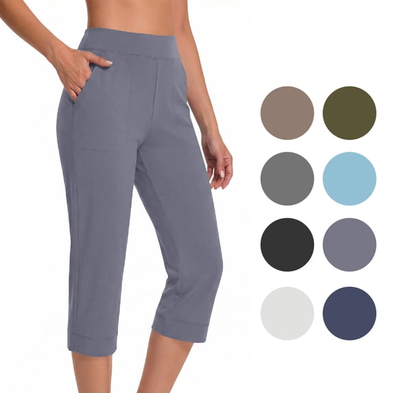 NSLGXD Womens Capri Pants Elastic High Waisted Slim Fit Yoga Pants Solid Color Soft Stretchy Capris with Pockets Casual Tummy Control Lounge Capris S-2XL Gray Pant