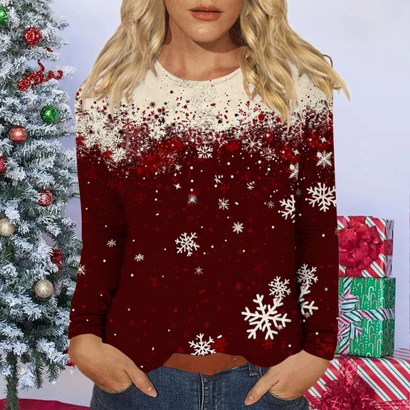 NSLGXD Womens Christmas Long Sleeve Crewneck Sweatshirt Snowflake Graphic Print Pullover Tops Cozy Soft Loose Fit Tunic Blouses for Holiday Fall