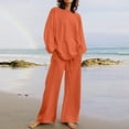 thumbnail image 1 of NSLGXD Womens Cotton Linen 2 Piece Outfits Classic Solid Lounge Sets Long Sleeve Crewneck Tops Drawstring Elastic Waist Wide Leg Pants Suits Matching Sets, 1 of 7