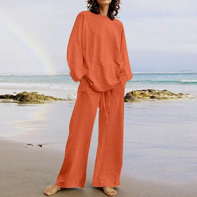 NSLGXD Womens Cotton Linen 2 Piece Outfits Classic Solid Lounge Sets Long Sleeve Crewneck Tops Drawstring Elastic Waist Wide Leg Pants Suits Matching Sets