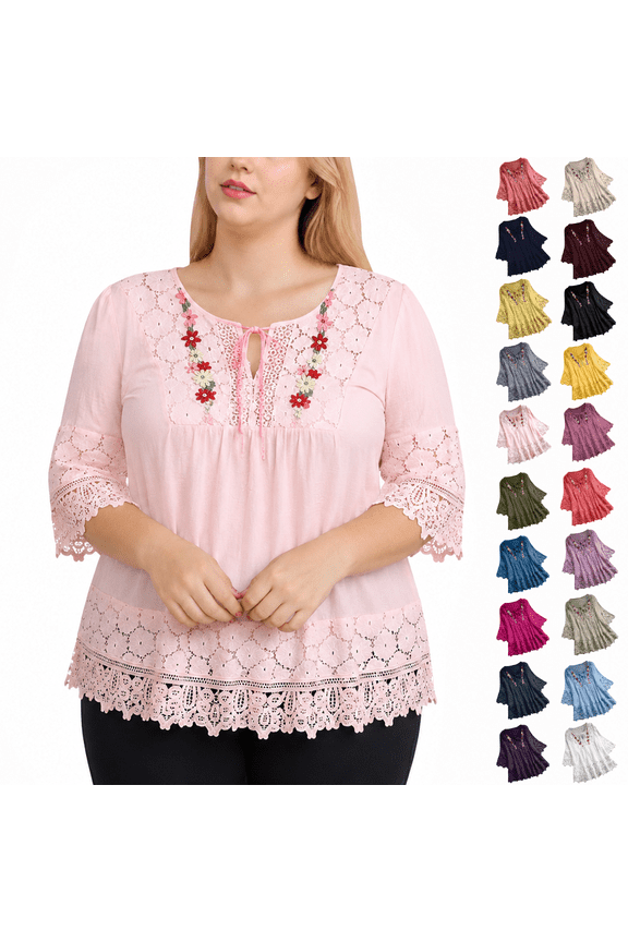 Womens Cotton Linen Blouses Lace Patchwork Embroidered Tops Loose Fit 3/4 Sleeve Keyhole Neck Blouses Boho Summer Shirts Mexican Trendy Clothes S-5XL Pink Blouse