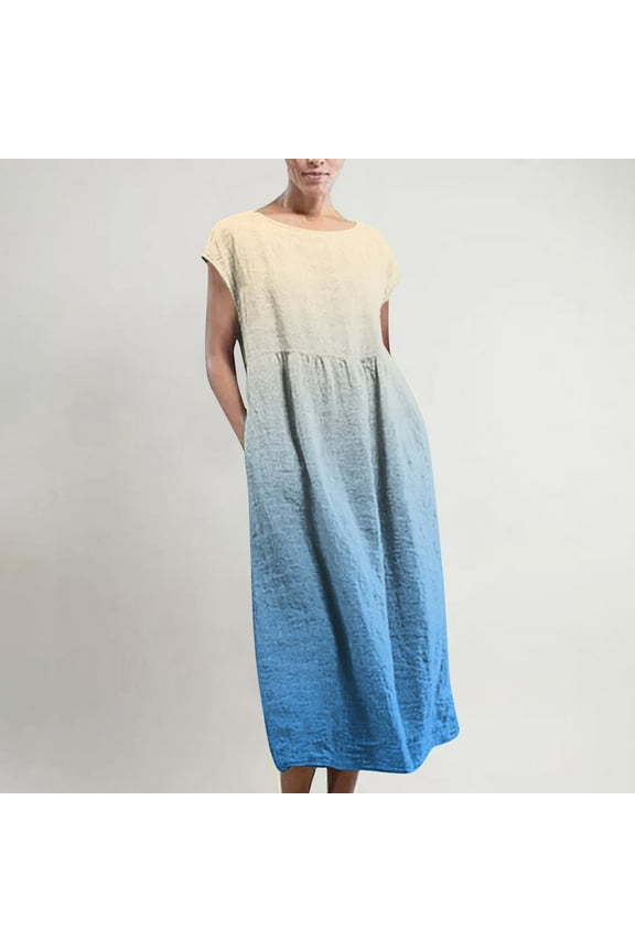 Womens Cotton Linen Dresses 2025 Round Neck Sleeveless Long Dresses Trendy Gradient Color Vintage Dress Flowy Comfy Maxi Dresses