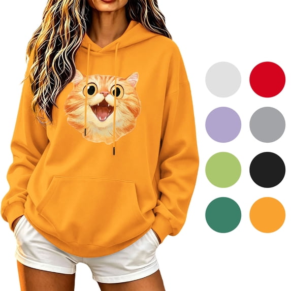 NSLGXD Womens Cute Cat Face Graphic Hoodies Funny Print Long Sleeve Loose Fit Hooded Sweatshirt with Kangaroo Pocket S-2XL