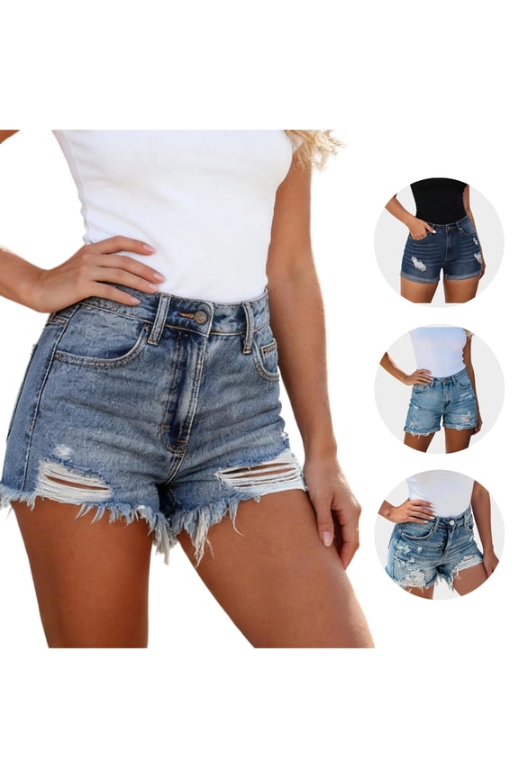 Womens Dark Wash Denim Shorts Button Closure Ripped Jean Shorts Slim Fit Rolled Hem Casual Shorts with Side Pockets S-2XL Dark Blue Pants
