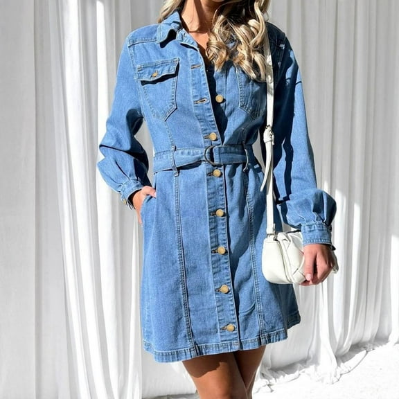 NSLGXD Womens Denim Dress 2025 Casual Long Sleeve Lapel Button Down Mini Dresses Distressed Belted Jean Dress with Pockets