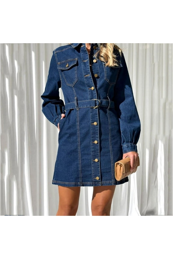 Womens Denim Dress 2025 Casual Long Sleeve Lapel Button Down Mini Dresses Distressed Belted Jean Dress with Pockets