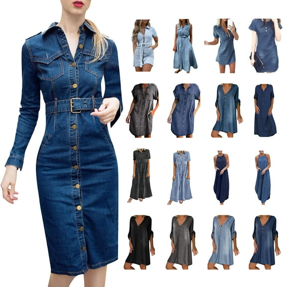 NSLGXD Womens Denim Dresses Short Sleeve Button Down Lapel Tunic Mini Dresses Casual Comfy Jean Dress for Women Pleated Dresses