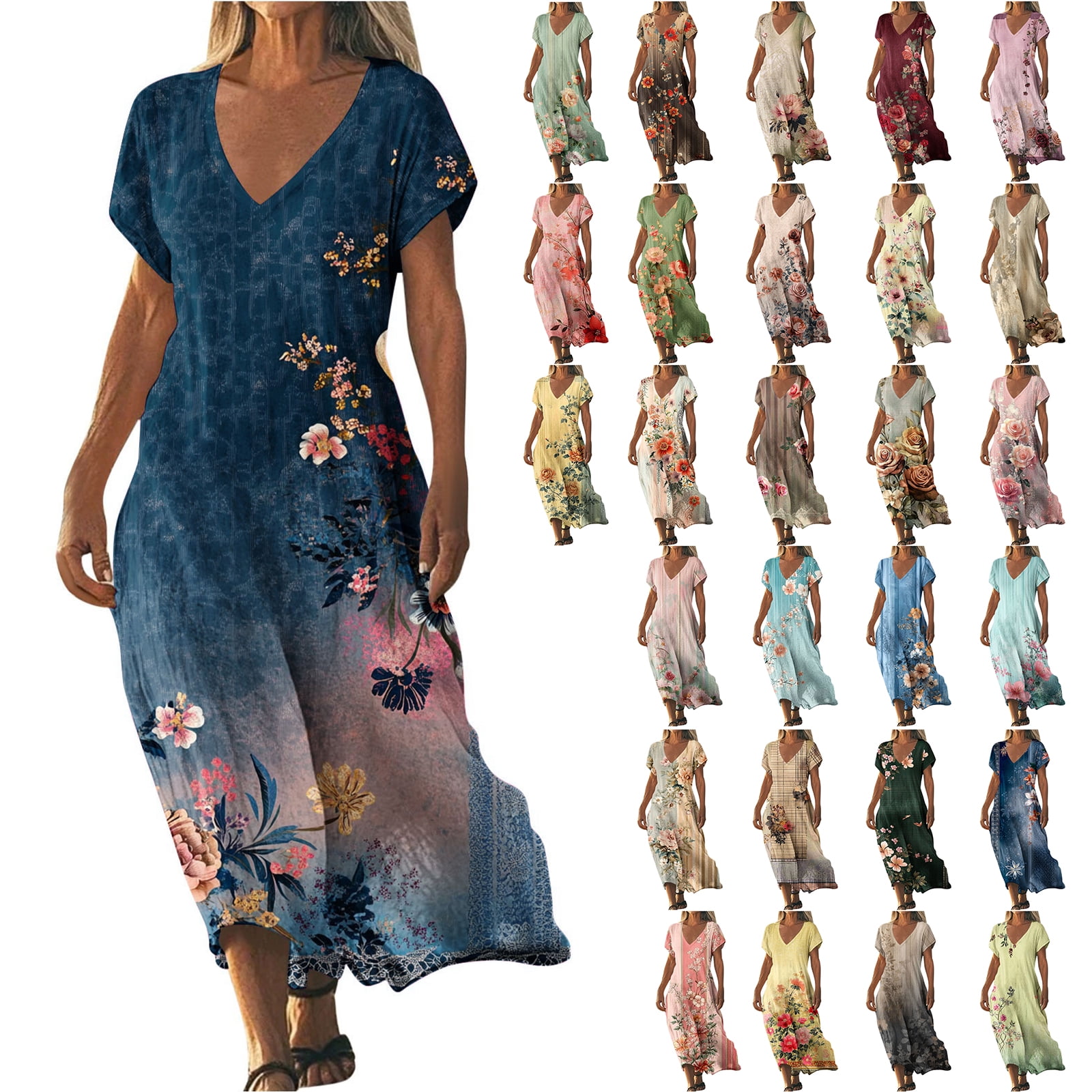 NSLGXD Womens Dress Spring Short Sleeve V Neck Floral Maxi Dress 2026 ...