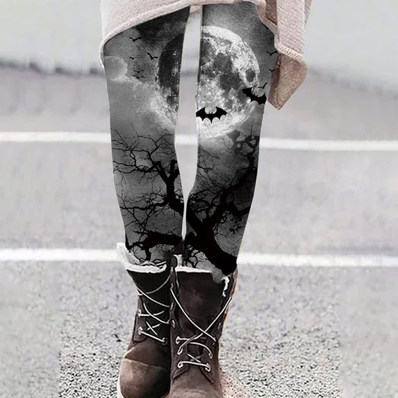 NSLGXD Womens Elastic High Waist Yoga Leggings Halloween Fashion Bat Printed Pants for Women Soft Slim Fit Sportswear Fitness Butt Lift Leggings for Workout Running