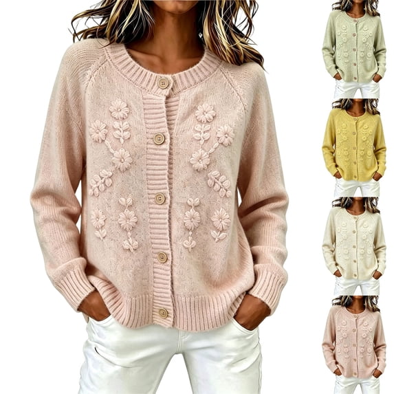 NSLGXD Womens Embroidered Knit Cardigan Sweaters Plus Size Crewneck Button Down Floral Cardigans Jackets