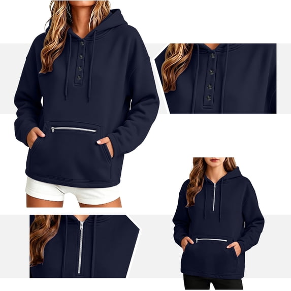 NSLGXD Womens Fall Hooded Sweatshirts Pull On 1/4 Button Drawstring Hoodies Long Sleeve Trendy Tops with Kangaroo Pocket S-2XL Navy Sweatshirt for Women