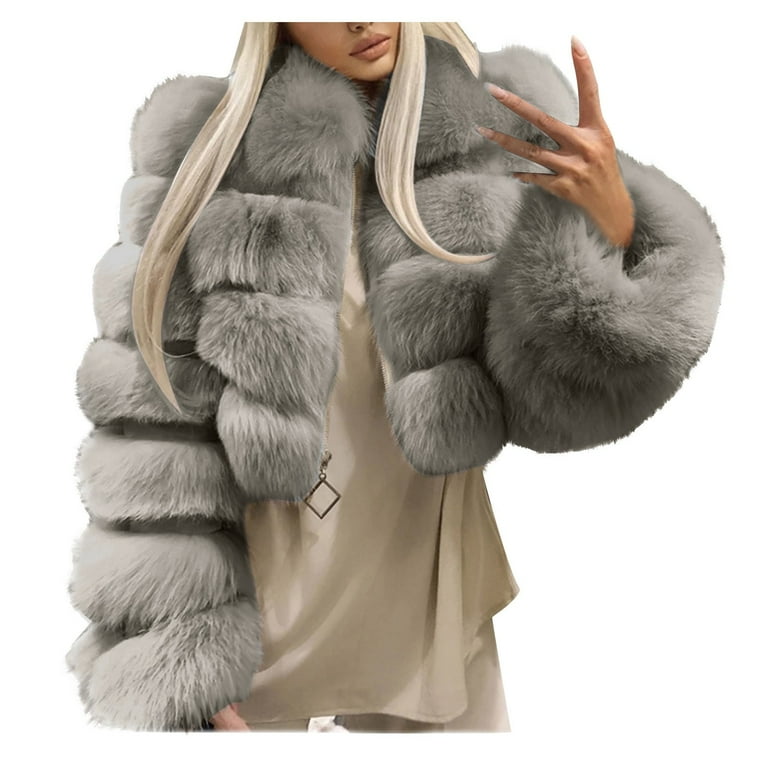 NSLGXD Womens Faux Fur Coat Trendy Zip Up Cropped Coats Long