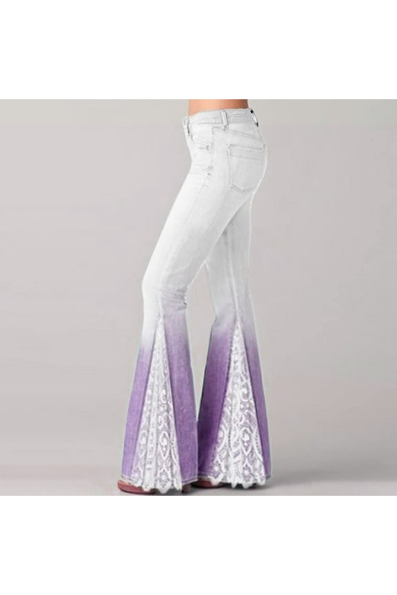 Womens Flare Jeans High Waist Gradient Color Bell Bottoms Trousers Lace Patchwork Ruffle Hem Flare Denim Pants with Pockets