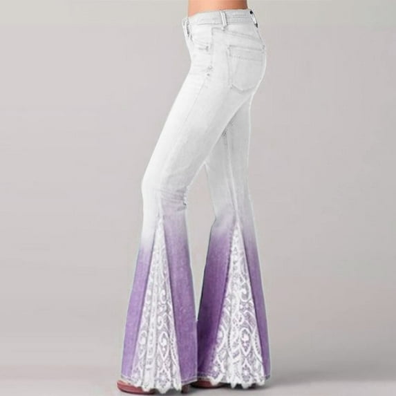 NSLGXD Womens Flare Jeans High Waist Gradient Color Bell Bottoms Trousers Lace Patchwork Ruffle Hem Flare Denim Pants with Pockets