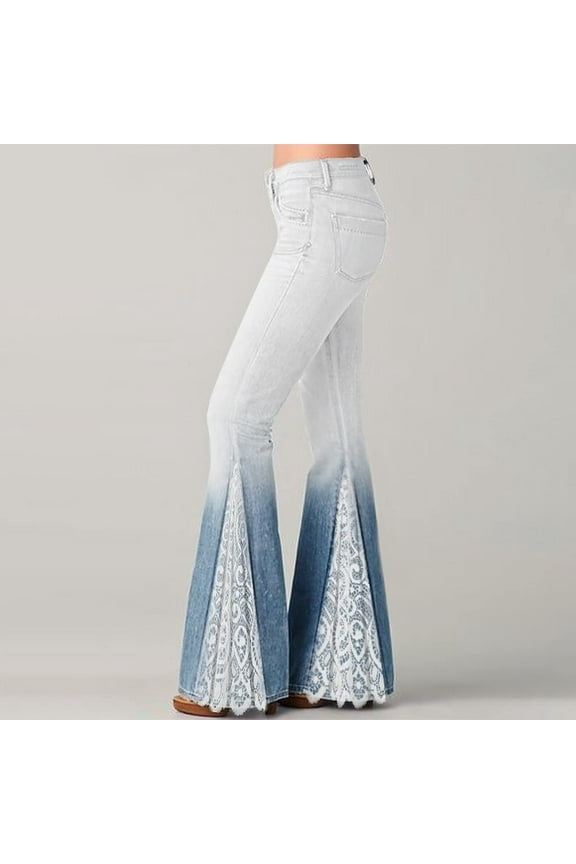 Womens Flare Jeans High Waist Gradient Color Bell Bottoms Trousers Lace Patchwork Ruffle Hem Flare Denim Pants with Pockets