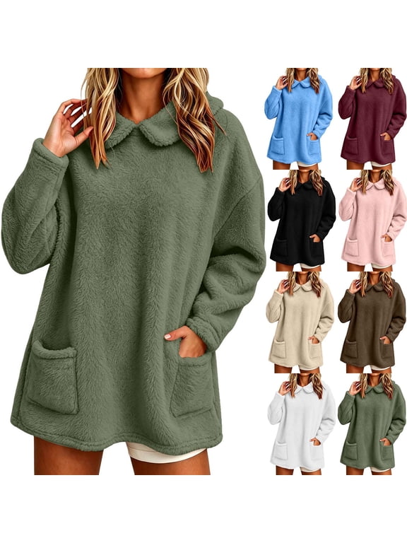 Womens Fleece Pullover Tunic Tops Peter Pan Collar Long Sleeve Mid Length Casual Fall Outfits with Pockets S-2XL