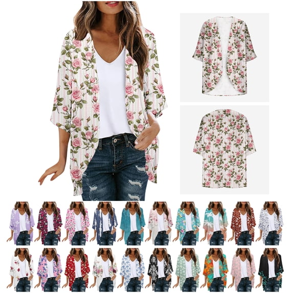 NSLGXD Womens Floral Chiffon Kimonos Elbow-Length Short Sleeve Lightweight Cardigans Open Front Vacation Beach Cover Ups S-2XL