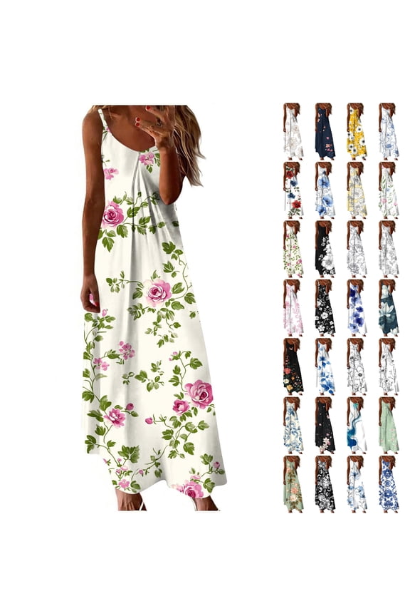 Womens Floral Sun Dress Sleeveless Crewneck Slip Dress Adjustable Straps Beach Cami Dress Casual House Lounge Maxi Dress S-4XL