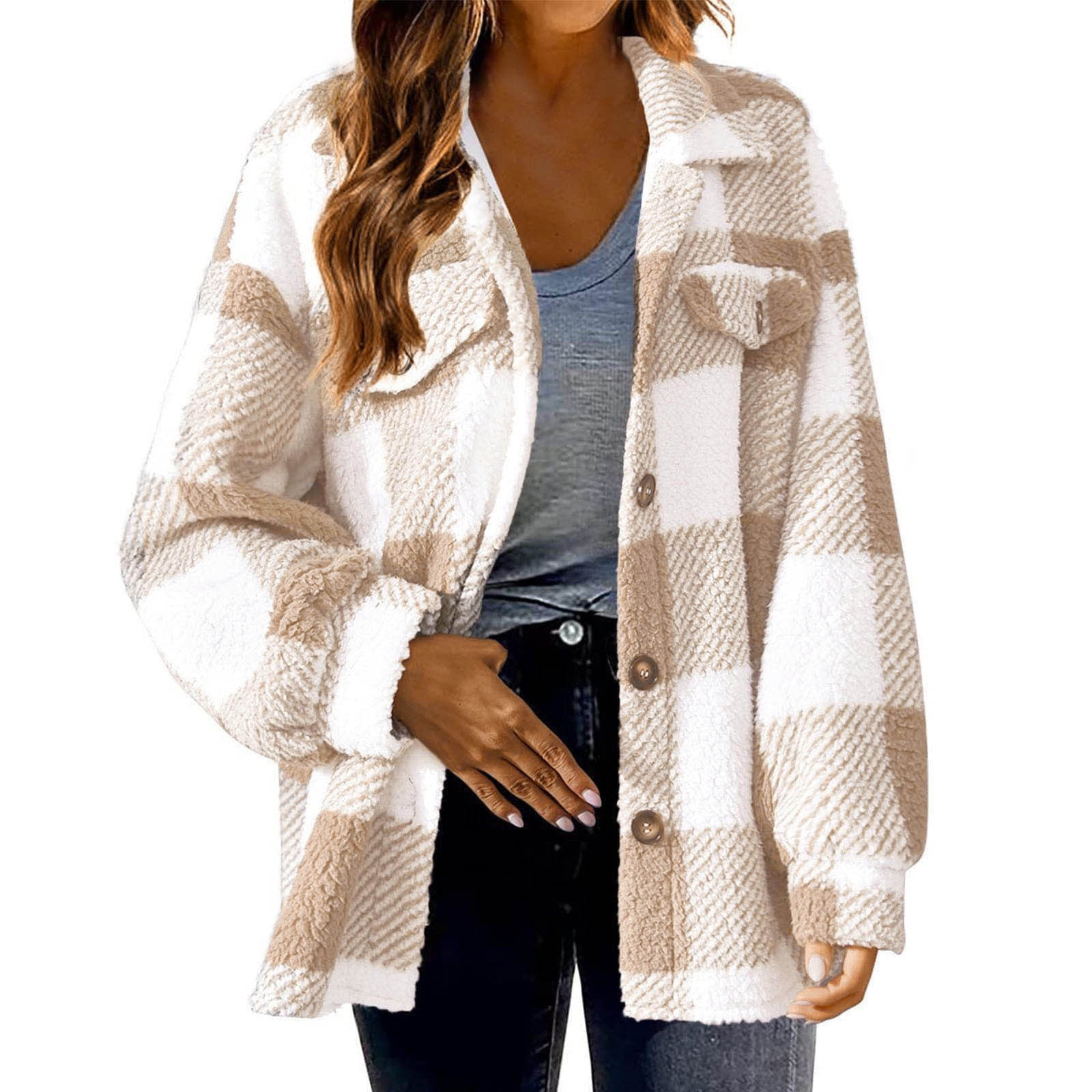NSLGXD Womens Fuzzy Plaid Shacket Jacket Flannel Buffalo Plaid Jackets ...