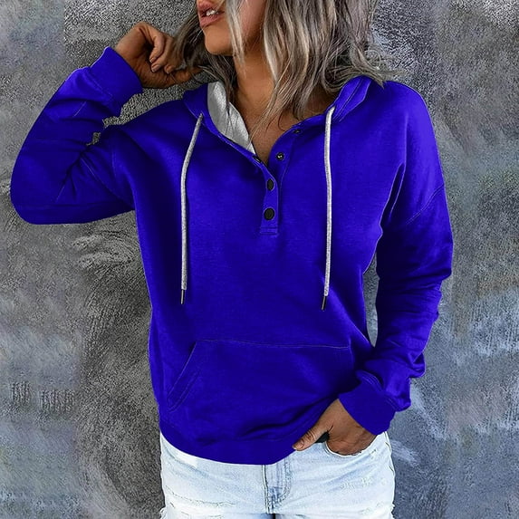 NSLGXD Womens Half Button V Neck Hoodies Casual Long Sleeve Solid Color Pullovers Fall Daily Basic Sweatshirts
