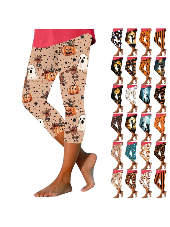 Womens Halloween Capri Leggings Slim Fit Ghost & Pumpkin Print Cropped Pants High Waisted Funny Yoga Capris S-3XL
