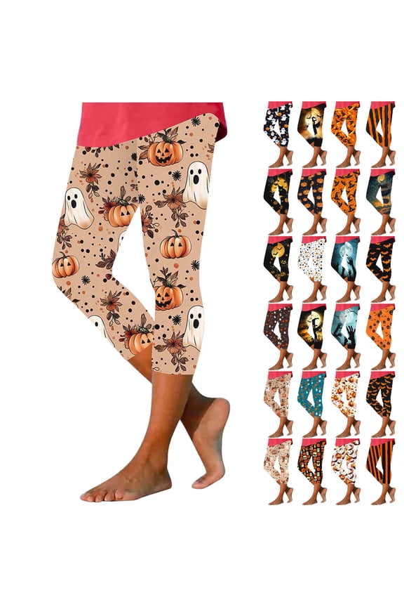 Womens Halloween Capri Leggings Slim Fit Ghost & Pumpkin Print Cropped Pants High Waisted Funny Yoga Capris S-3XL