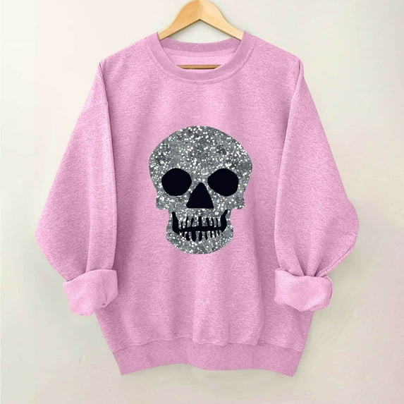 NSLGXD Womens Halloween Crewneck Sweatshirts Cute Skull Long Sleeve Pullover Tops Casual Lightweight Shirts