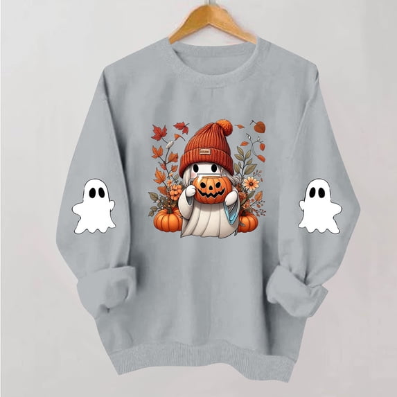 NSLGXD Womens Halloween Sweatshirts Plus Size Ghost Print Pullovers Trendy Going Out Crewneck Long Sleeve Y2k Tops Halloween Costumes