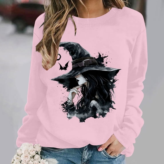 NSLGXD Womens Halloween Sweatshirts Plus Size Witch Graphic Pullovers Trendy Work Round Neck Long Sleeve Shirt Tops Halloween Costumes S-2XL