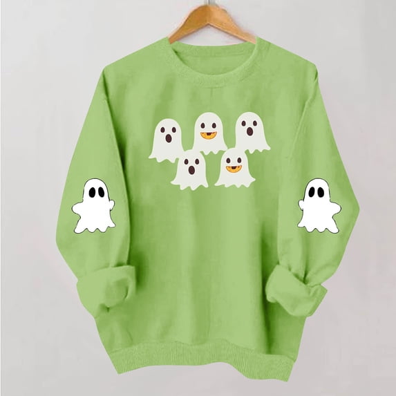 NSLGXD Womens Halloween Sweatshirts Spooky Ghost Graphic Pullovers Soft Loose Fit Round Neck Long Sleeve Shirt Tops Halloween Clothes