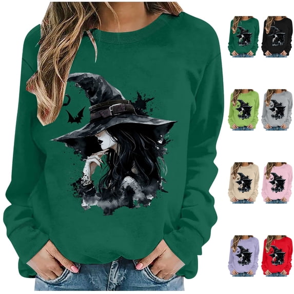 NSLGXD Womens Halloween Sweatshirts Vintage Witch Graphic Pullovers Trendy Work Round Neck Long Sleeve Shirt Tops Halloween Costumes S-2XL