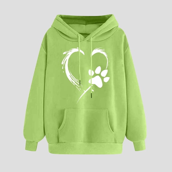 NSLGXD Womens Heart Print Hoodies Drawstring Long Sleeve Sweatshirts Cute Paw Print Oversized Graphic Tops with Kangaroo pocket