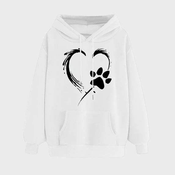 NSLGXD Womens Heart Print Hoodies Drawstring Long Sleeve Sweatshirts Cute Paw Print Oversized Graphic Tops with Kangaroo pocket